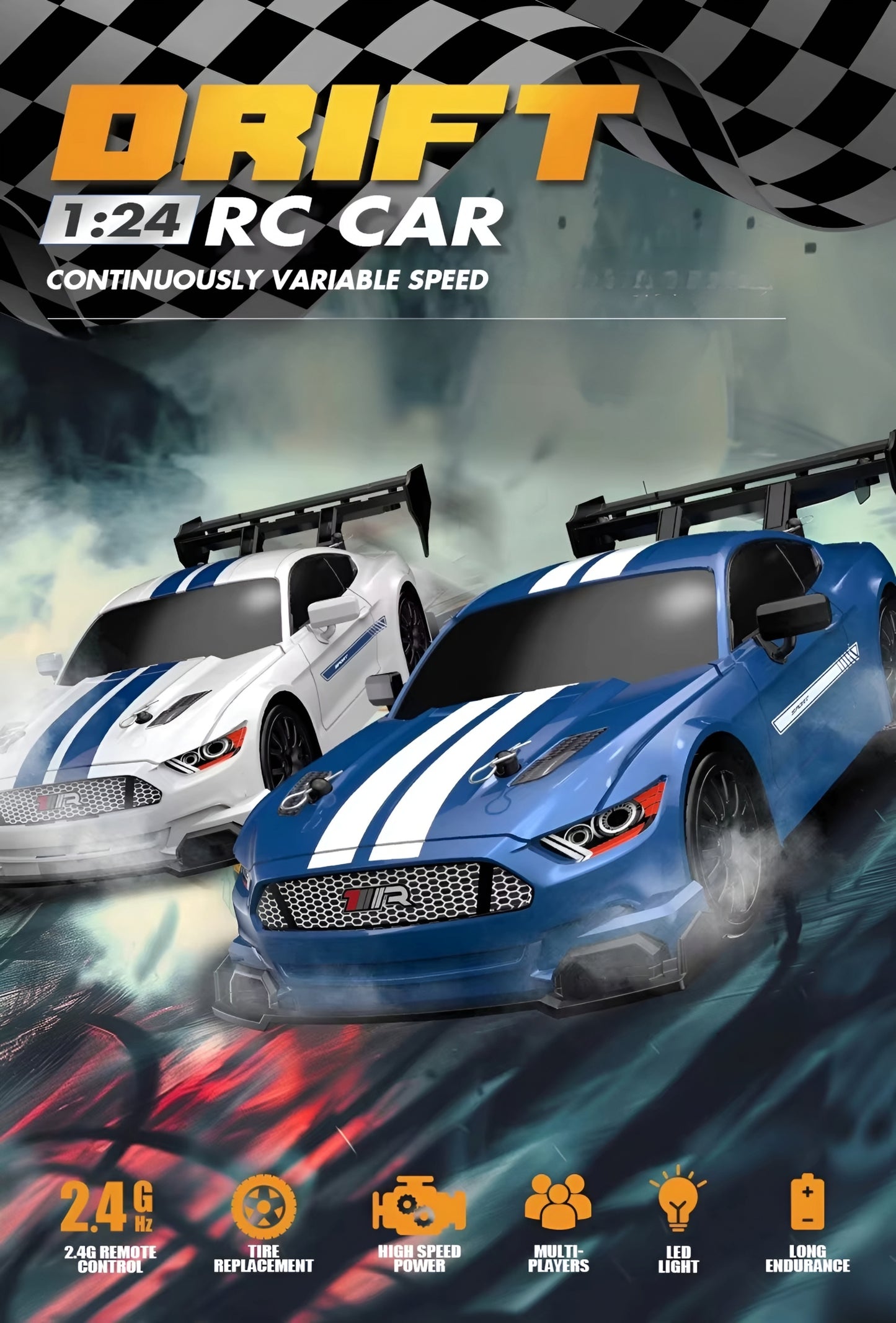 RC Drift Car, 1:24 Scale Remote Control Mustang with LED Lights, 2.4GHz 20KM/H 4WD High Speed RC Cars, Drifting Tires& Batteries