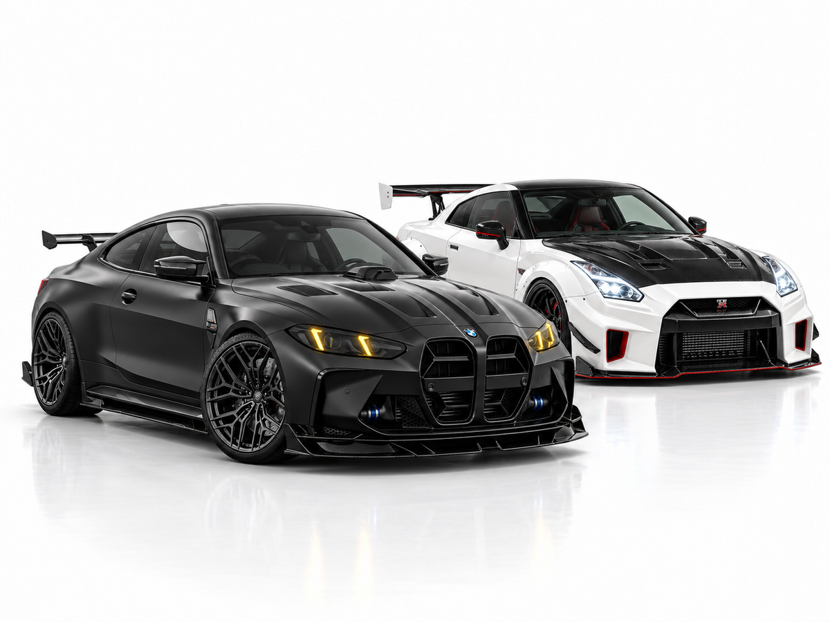 Black M4-inspired and white GT-R-inspired cars in a studio