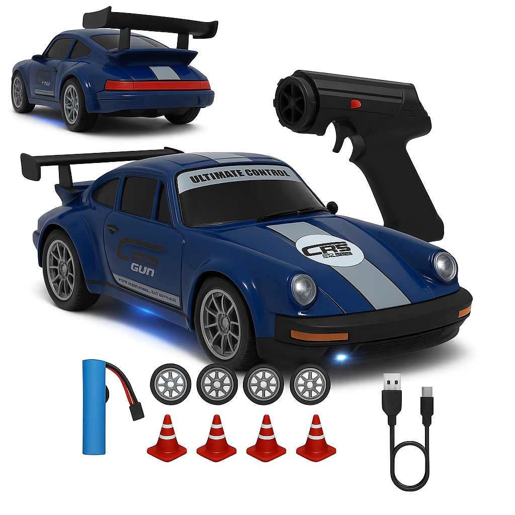Porsche RC Drift Car 1:24 Scale – 20 KM/H High Speed 4WD Remote Control Car with LED Lights – 2.4GHz Racing RC Car with Drift Tyres & Rechargeable Battery