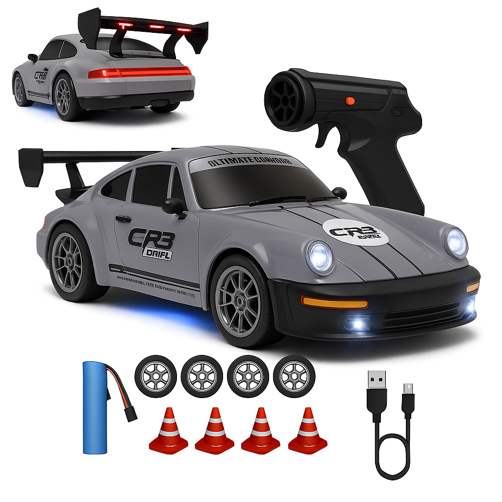 Porsche RC Drift Car 1:24 Scale – 20 KM/H High Speed 4WD Remote Control Car with LED Lights – 2.4GHz Racing RC Car with Drift Tyres & Rechargeable Battery