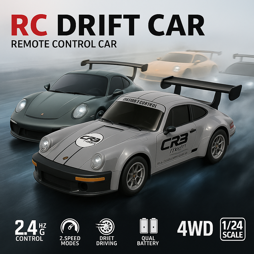 Porsche RC Drift Car 1:24 Scale – 20 KM/H High Speed 4WD Remote Control Car with LED Lights – 2.4GHz Racing RC Car with Drift Tyres & Rechargeable Battery