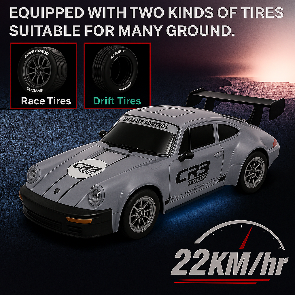 Porsche RC Drift Car 1:24 Scale – 20 KM/H High Speed 4WD Remote Control Car with LED Lights – 2.4GHz Racing RC Car with Drift Tyres & Rechargeable Battery
