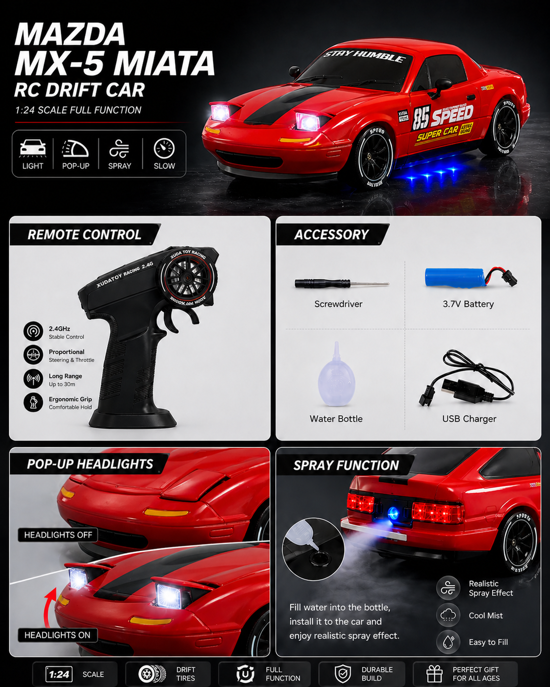 HGT RX7 RC Drift Car (1:24) With Smoke