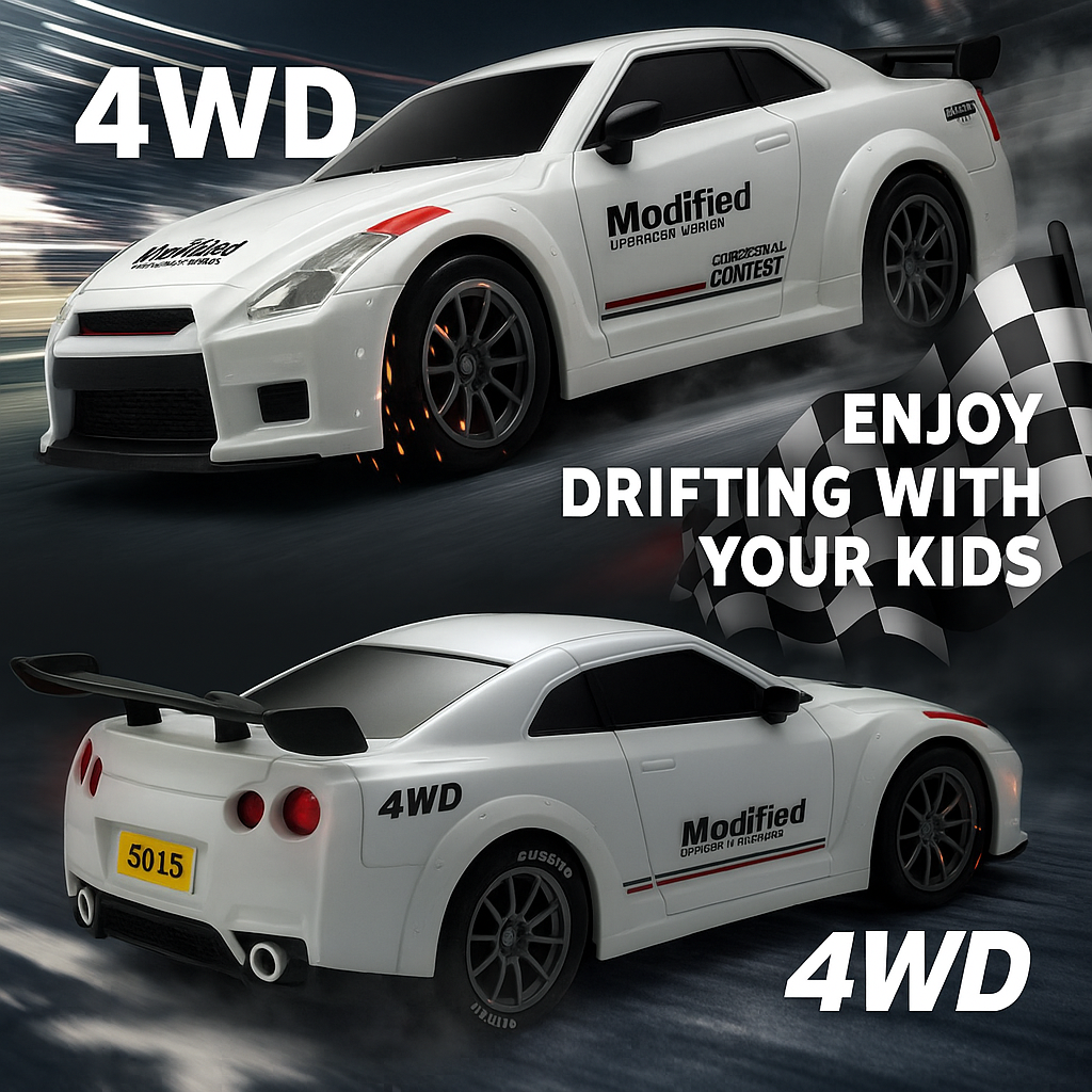 Nissan GTR RC Drift Car 1:24 Scale – 20 KM/H High Speed 4WD Remote Control Car with LED Lights