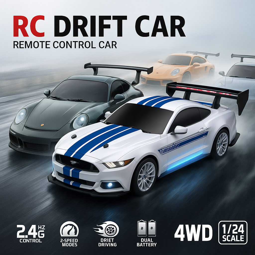 RC Drift Car, 1:24 Scale Remote Control Mustang with LED Lights, 2.4GHz 20KM/H 4WD High Speed RC Cars, Drifting Tires＆ Batteries