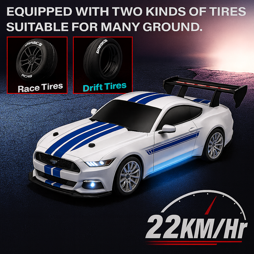 RC Drift Car, 1:24 Scale Remote Control Mustang with LED Lights, 2.4GHz 20KM/H 4WD High Speed RC Cars, Drifting Tires＆ Batteries