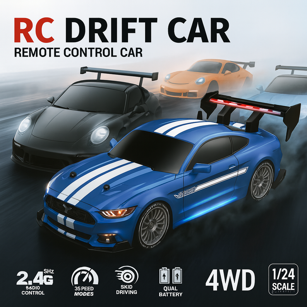 DWH RC Drift Car, 1:24 Scale Remote Control Vehicle with LED Lights, 2.4GHz 20KM/H 4WD High Speed RC Cars, Drifting Tires＆ Batteries, (Skyline BLU-X)
