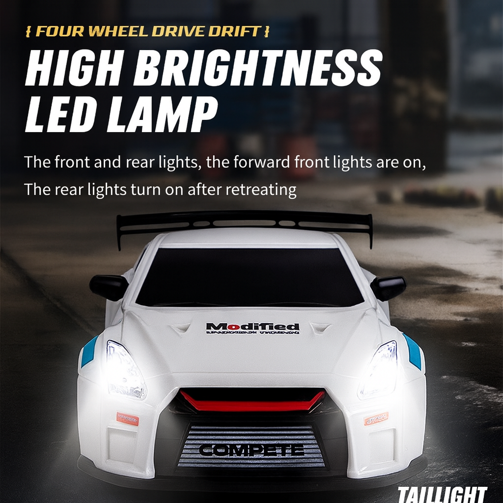 Nissan GTR RC Drift Car 1:24 Scale – 20 KM/H High Speed 4WD Remote Control Car with LED Lights