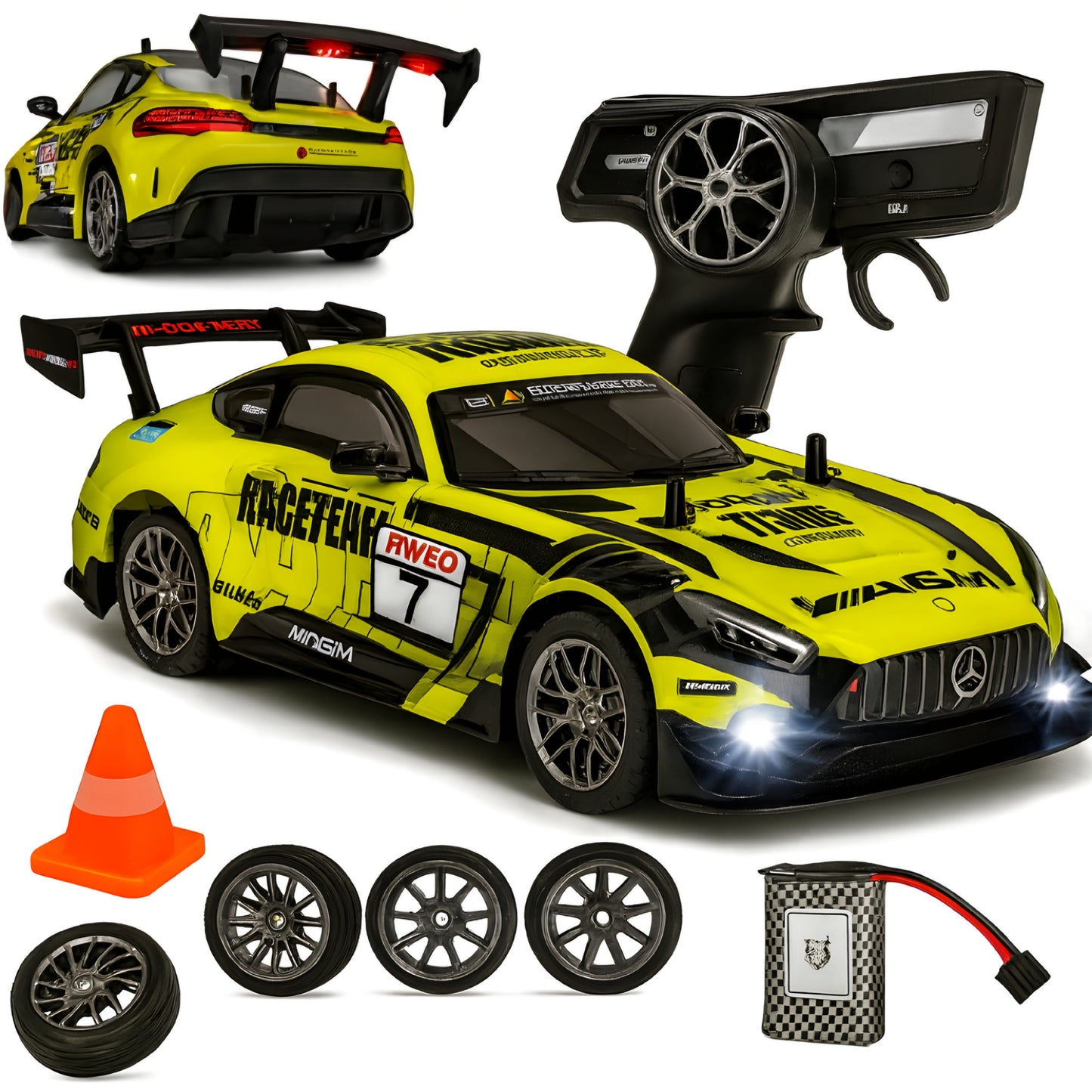 DWH RC Drift Car for Adults | High Speed 4X4 Remote Control car with Speed Adjustment, LED Lights, Extra Tyres & Cone – Rechargeable Drift Car