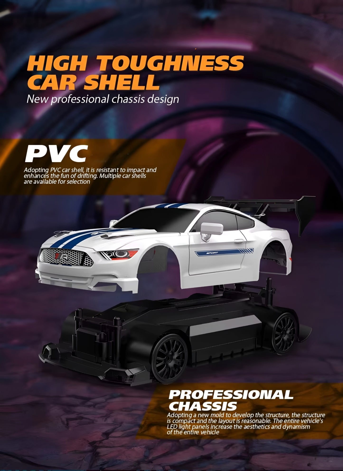 RC Drift Car, 1:24 Scale Remote Control Mustang with LED Lights, 2.4GHz 20KM/H 4WD High Speed RC Cars, Drifting Tires＆ Batteries