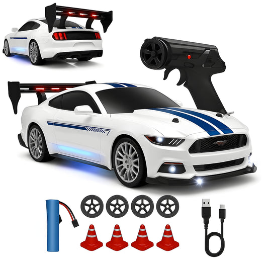 RC Drift Car, 1:24 Scale Remote Control Mustang with LED Lights, 2.4GHz 20KM/H 4WD High Speed RC Cars, Drifting Tires＆ Batteries