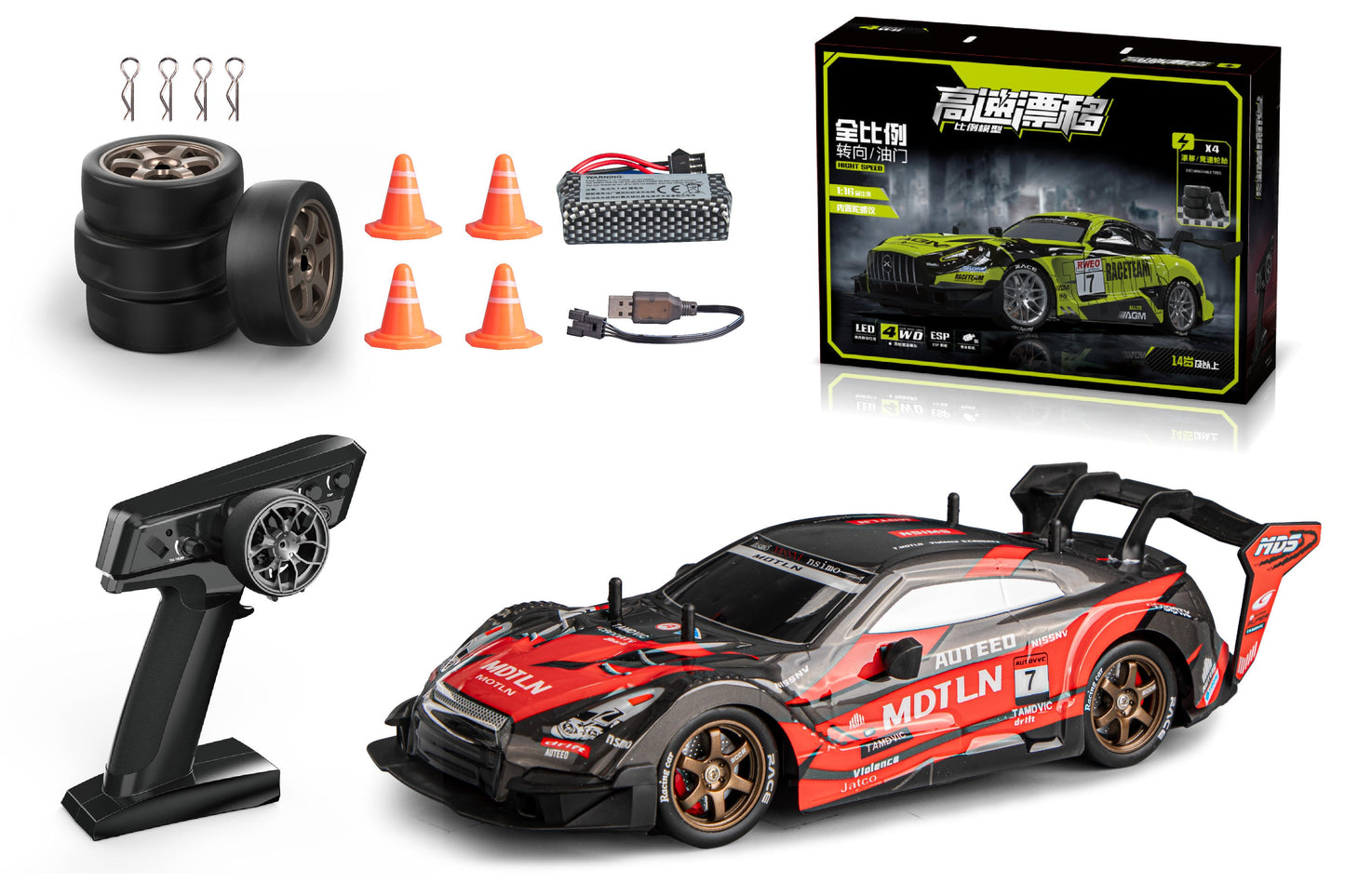 DWH RC Drift Car for Adults | High Speed 4WD Remote Control Drift car with Speed Adjustment, LED Lights, Extra Tyres & Cone – Rechargeable Drift Car