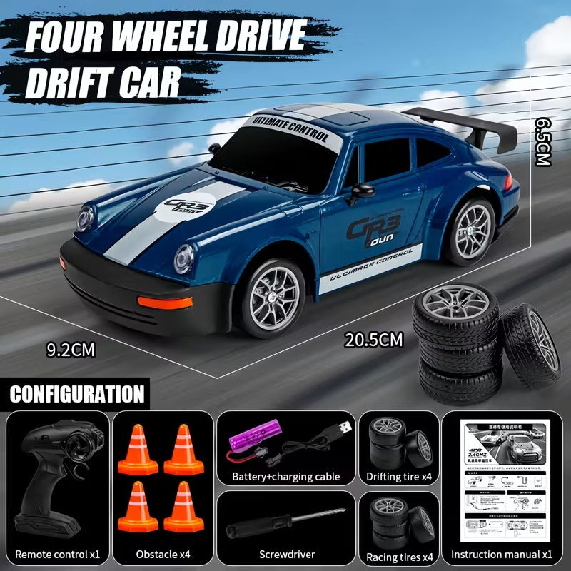 Porsche RC Drift Car 1:24 Scale – 20 KM/H High Speed 4WD Remote Control Car with LED Lights – 2.4GHz Racing RC Car with Drift Tyres & Rechargeable Battery
