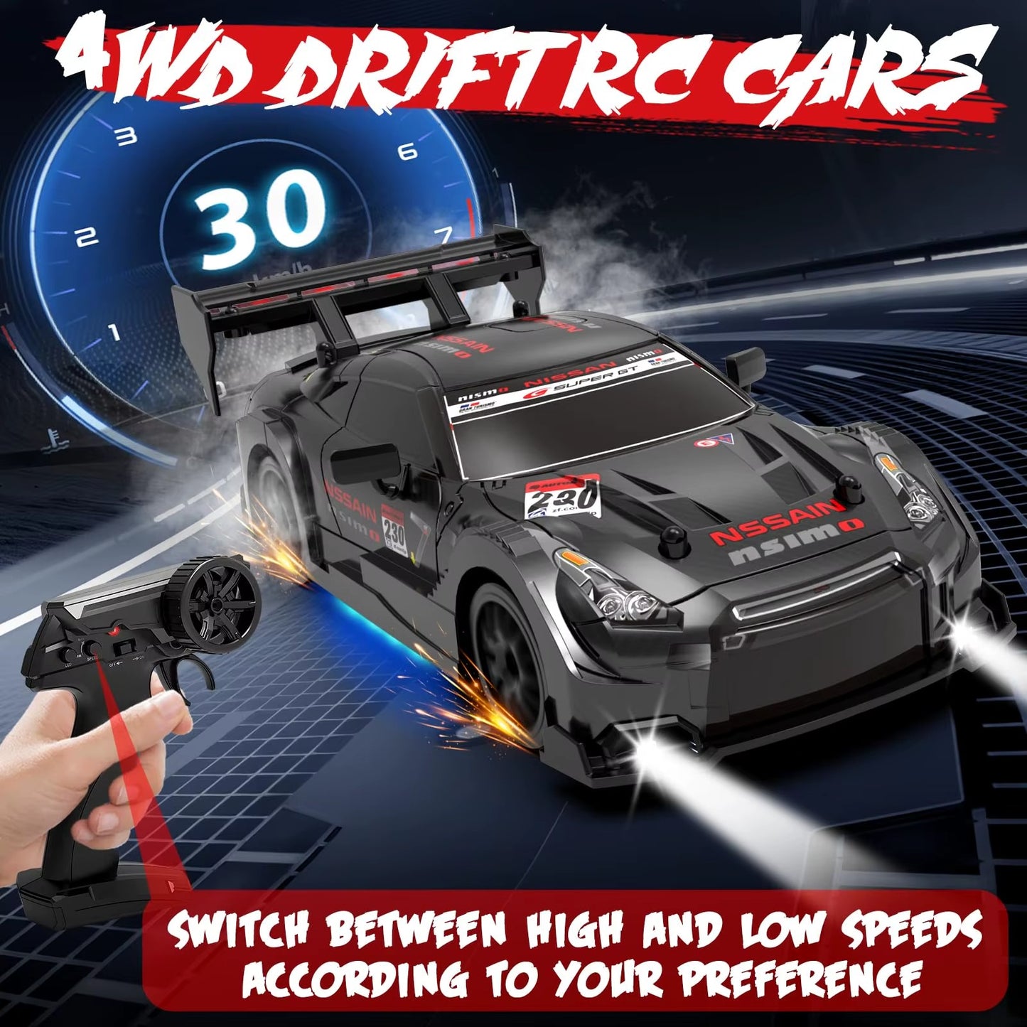 DWH RC Drift Car 1:24 Scale – 20 KM/H High Speed 4WD Remote Control Car with LED Lights – 2.4GHz Racing RC Car with Drift Tyres & Rechargeable Battery –