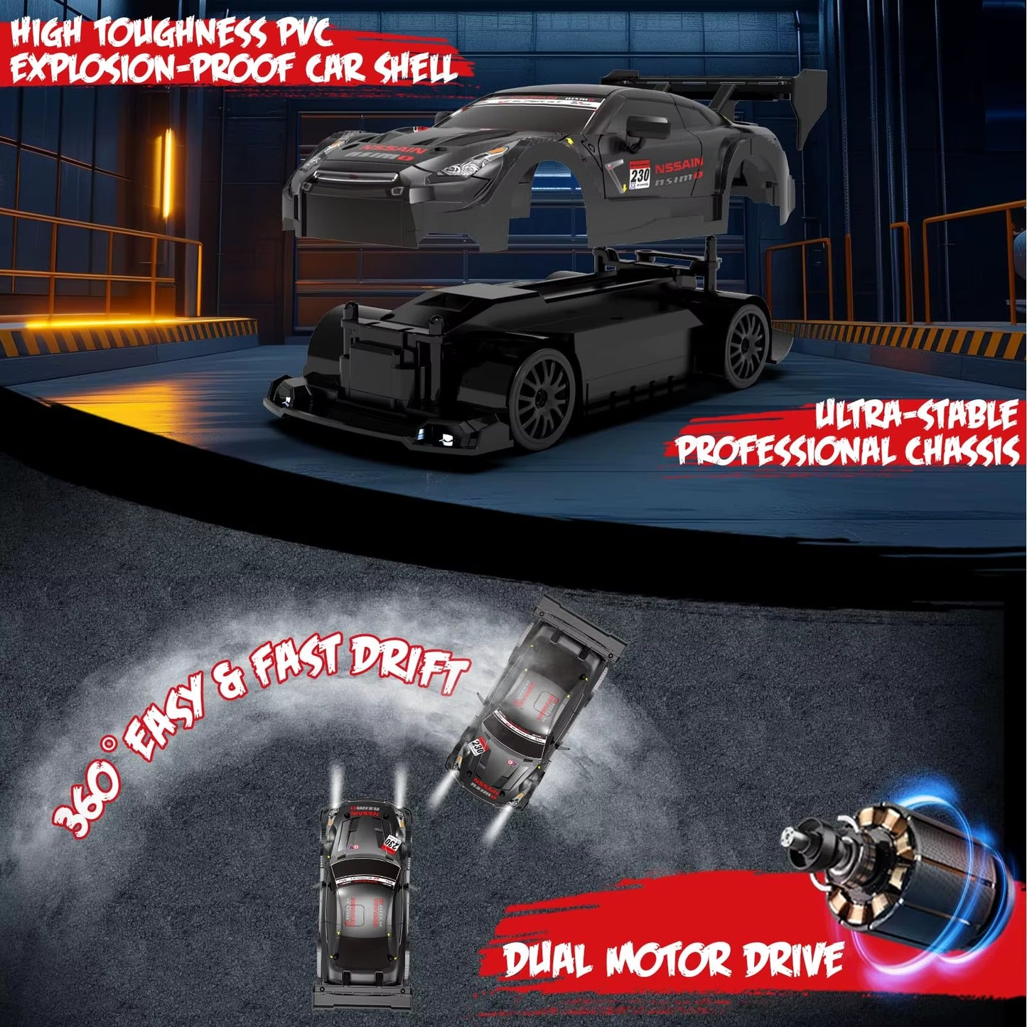 DWH RC Drift Car 1:24 Scale – 20 KM/H High Speed 4WD Remote Control Car with LED Lights – 2.4GHz Racing RC Car with Drift Tyres & Rechargeable Battery –