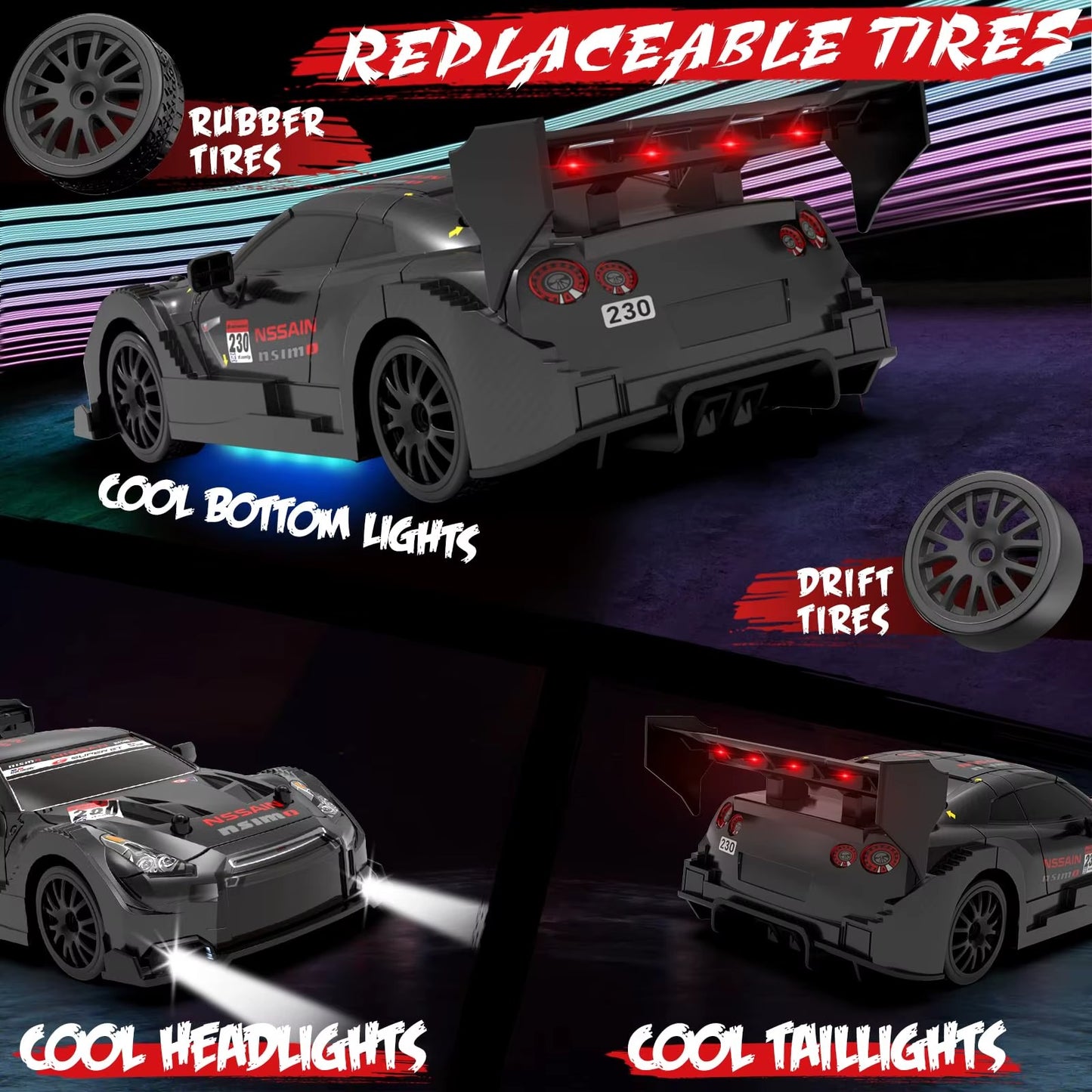 DWH RC Drift Car 1:24 Scale – 20 KM/H High Speed 4WD Remote Control Car with LED Lights – 2.4GHz Racing RC Car with Drift Tyres & Rechargeable Battery –