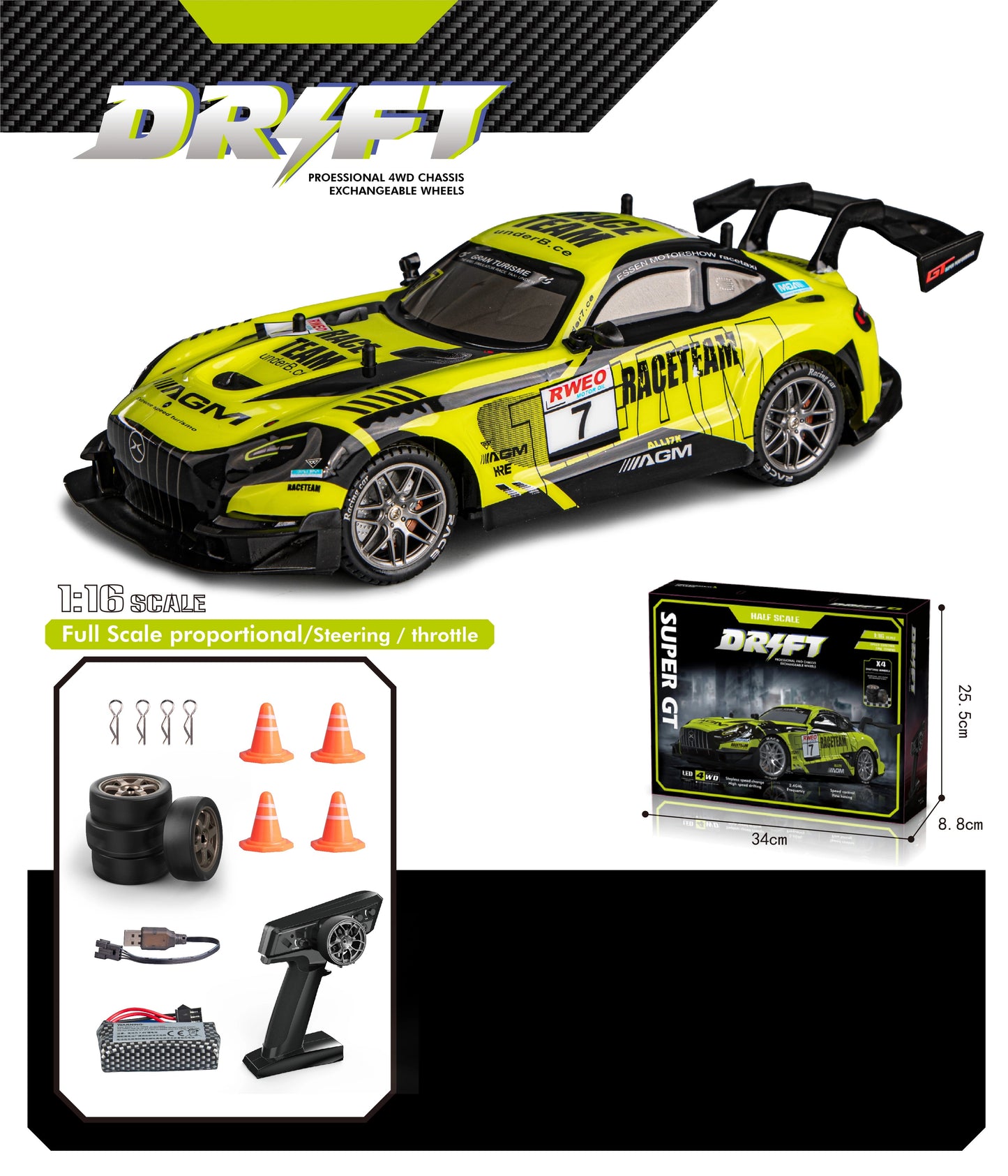 DWH RC Drift Car for Adults | High Speed 4X4 Remote Control car with Speed Adjustment, LED Lights, Extra Tyres & Cone – Rechargeable Drift Car